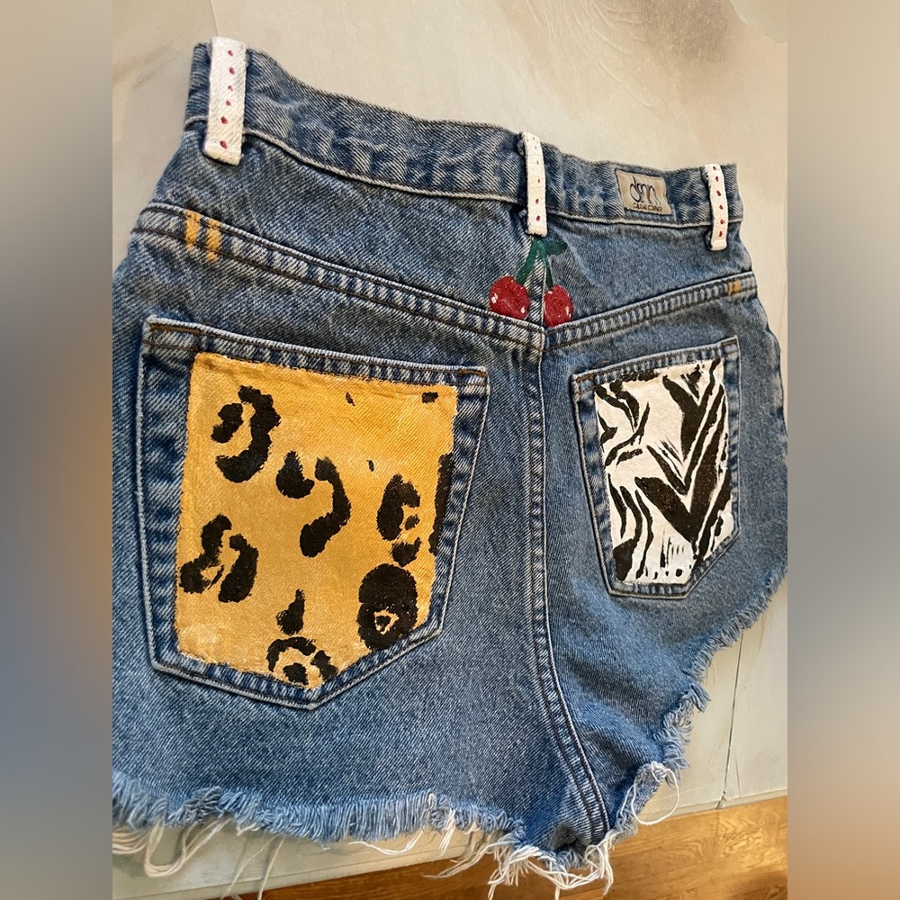 Fully customized denim short shorts.Hand painted and added vinyl details.Size 6R